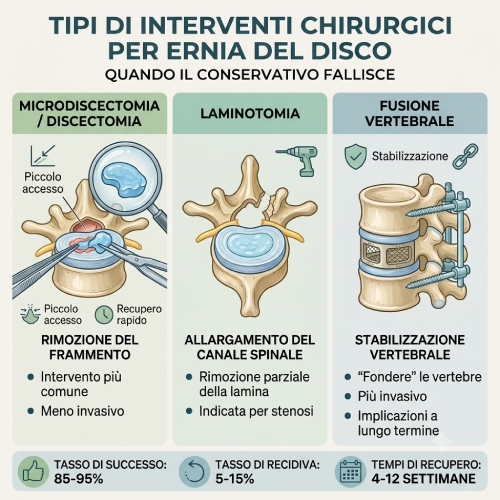 Tipi di interventi chirurgici per ernia del disco: microdiscectomia, laminotomia e fusione vertebrale